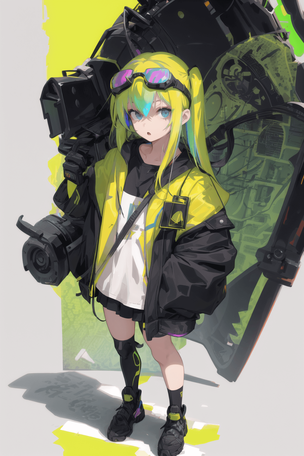 AI generated: 1 girl, solo, simple background, safety goggles on head, techwear, (iridescent hair1.2), mechanic, h...