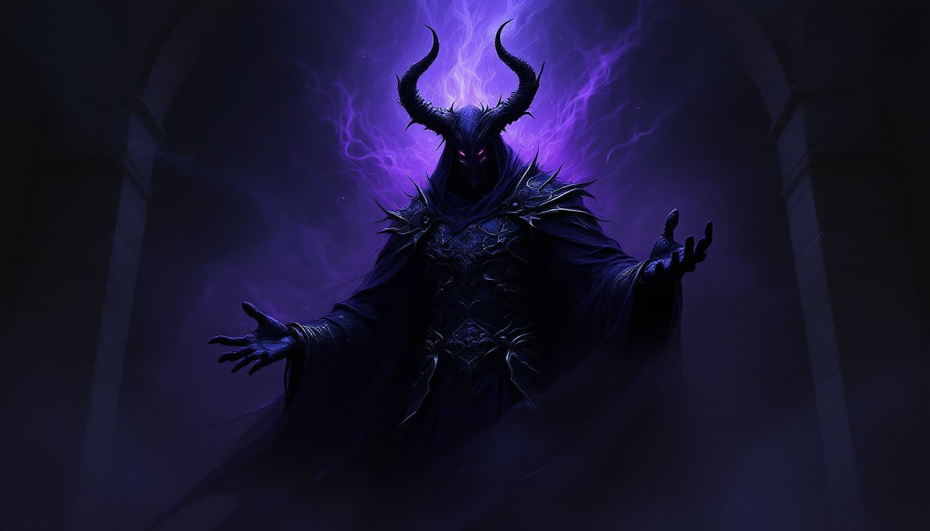 AI generated: A sinister figure looms before a darkened backdrop, enveloped in swirling shades of deep purple and ...