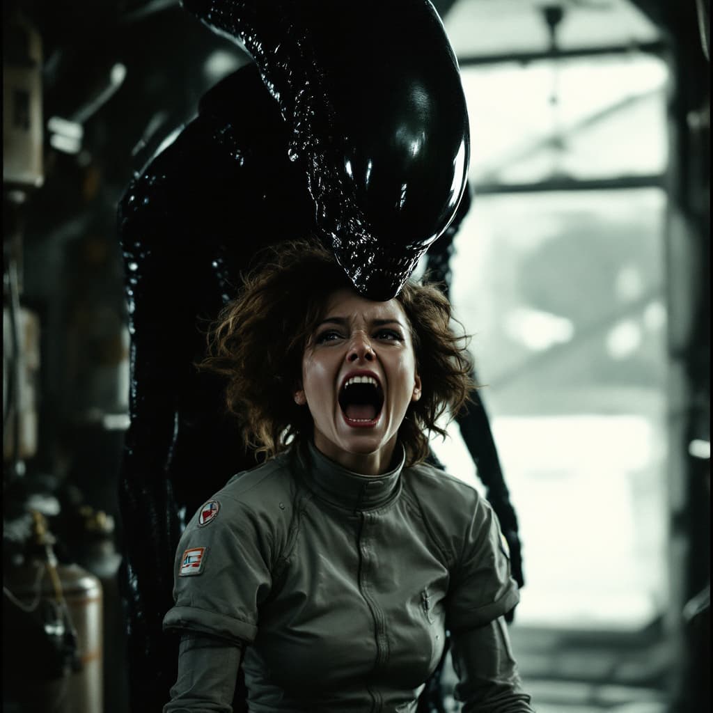 AI generated: A copy of the movie "ALIEN" in the style of Ridley Scott, there is an alien on top and in front of h...