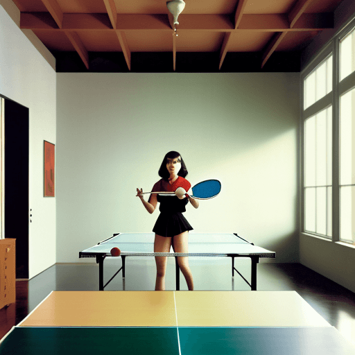 AI generated: girl, portrait,  playing table tennis, interior,  AD magazine, Frank Lloyd, Eames, Mies van der Rohe