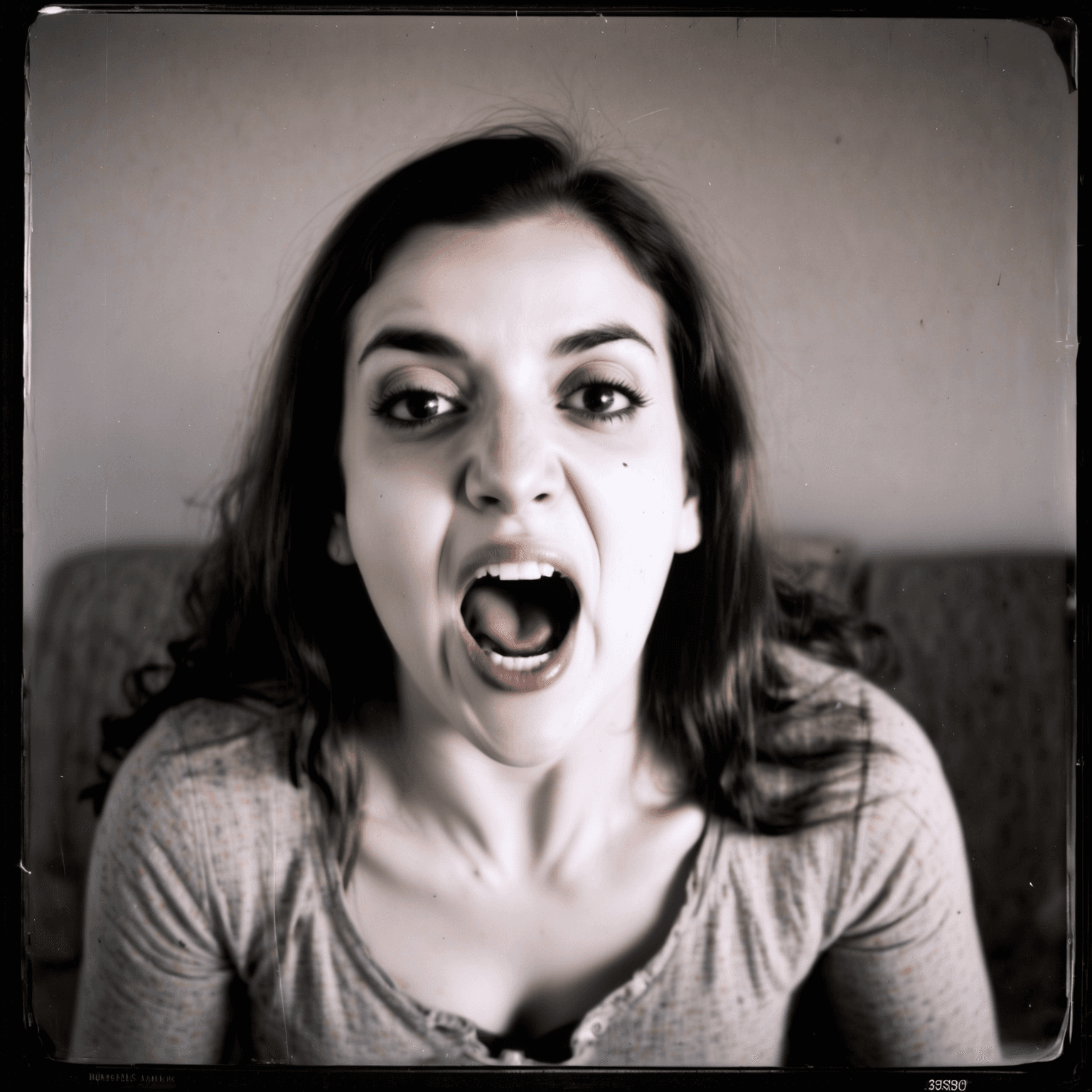 AI generated: a candid capture of a woman screaming, ((her face seems terrified:1.2)), dark eyes, faking fear,  ce...