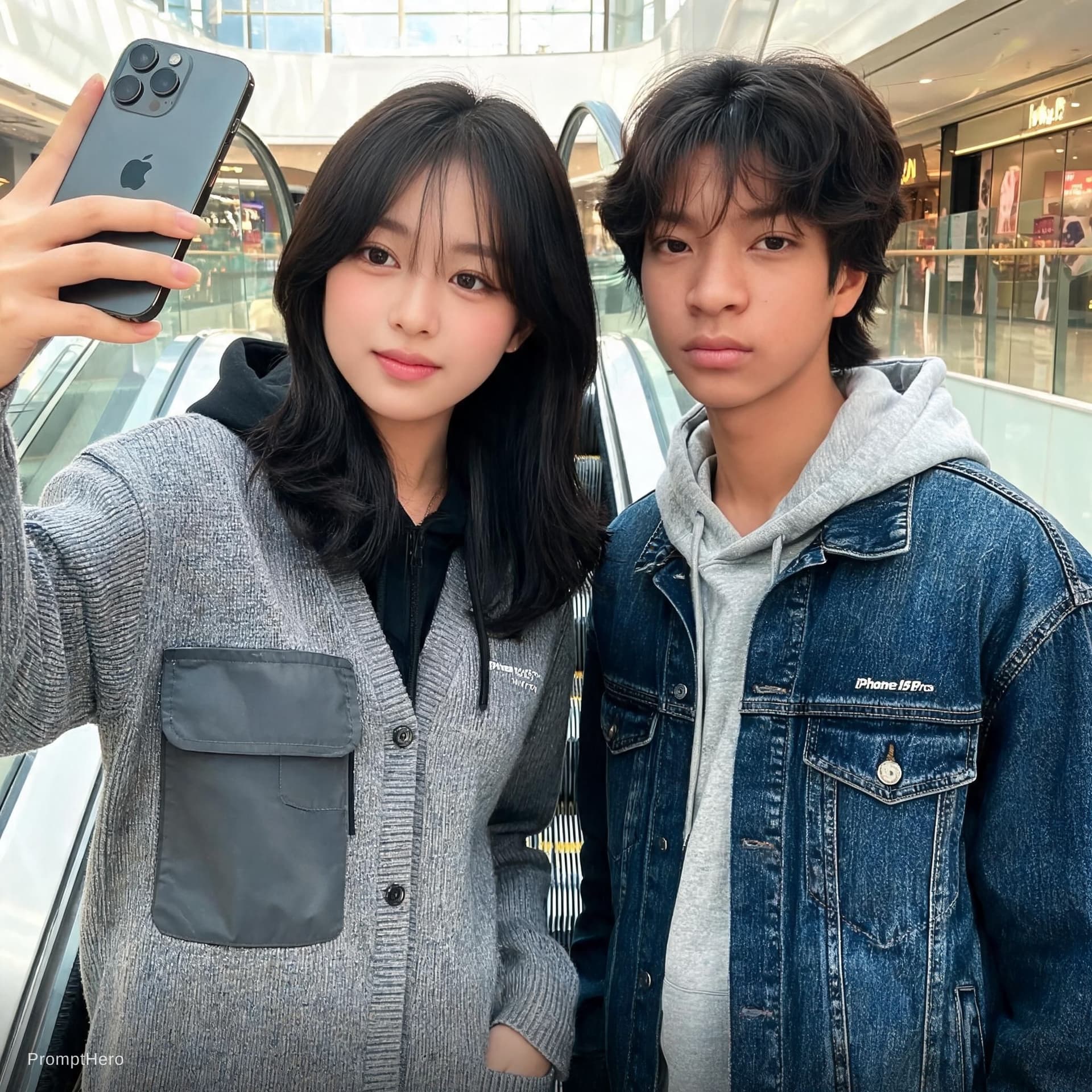 AI generated: a selfie take with her hand, instagram style, one young korean woman with boy professional model tak...