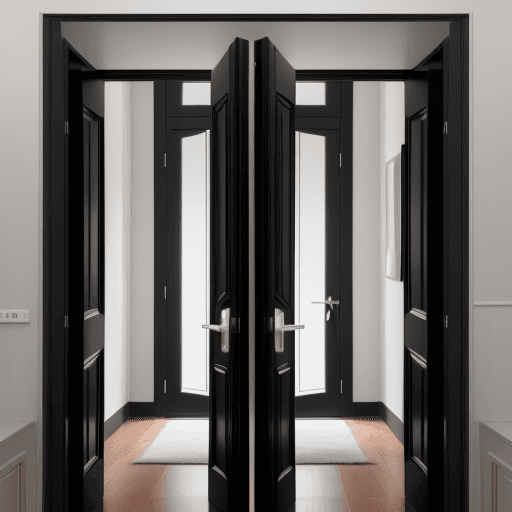 AI generated: a symmetrical open double black door while entering a room 