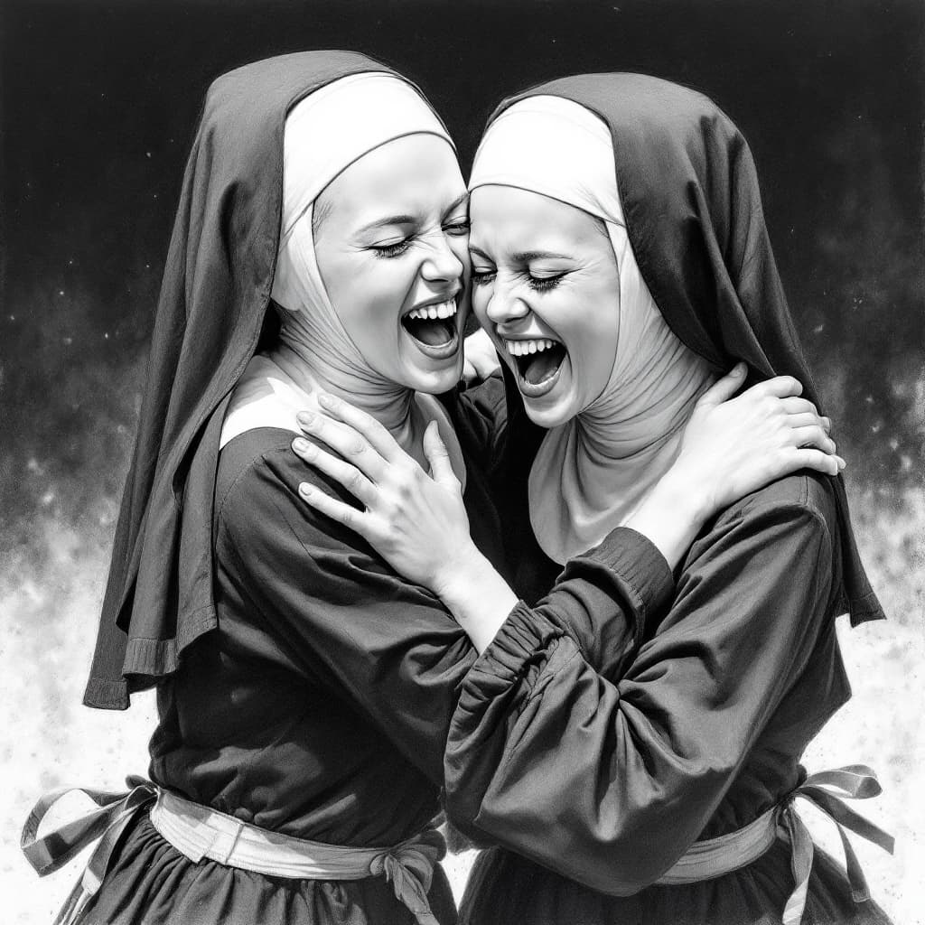 AI generated: Two young beautiful nuns they are wrestling and laughing, pencil drawing in style Adam Hughes --no t...