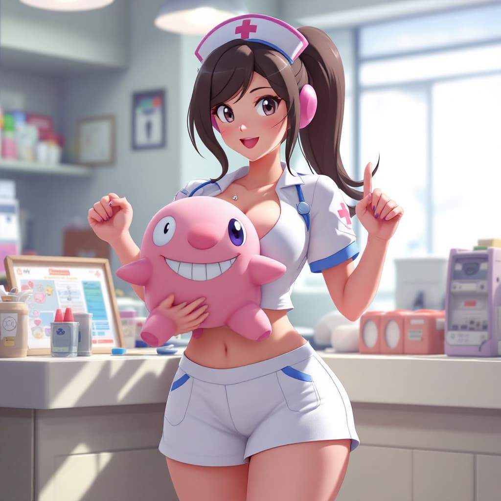 AI generated: 3d anime of nurse joy from pokemon. Very voluptuous. Holding a togepie, inside a poke center. Wearin...