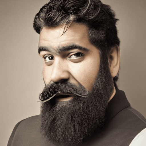 AI generated: The image features a close-up of a man with a black short beard and mustache. He has a smiling expre...