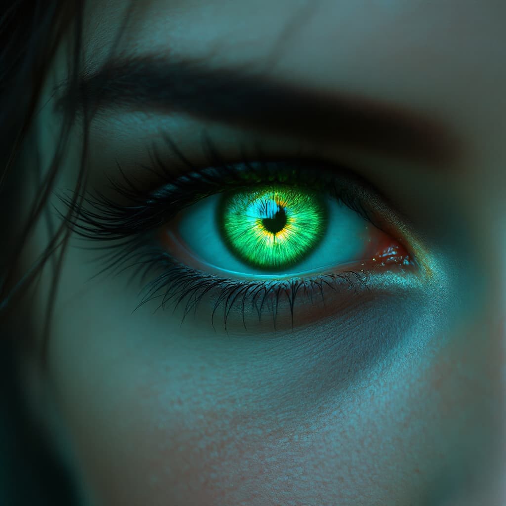 AI generated: Magical close-up of two enchanting emerald green eyes of a mysterious female, only the eyes are visi...