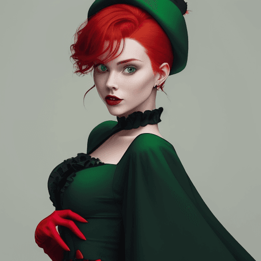 AI generated: The image shows a woman with red hair gathered in a bun at the back of her head, wearing a green hat...