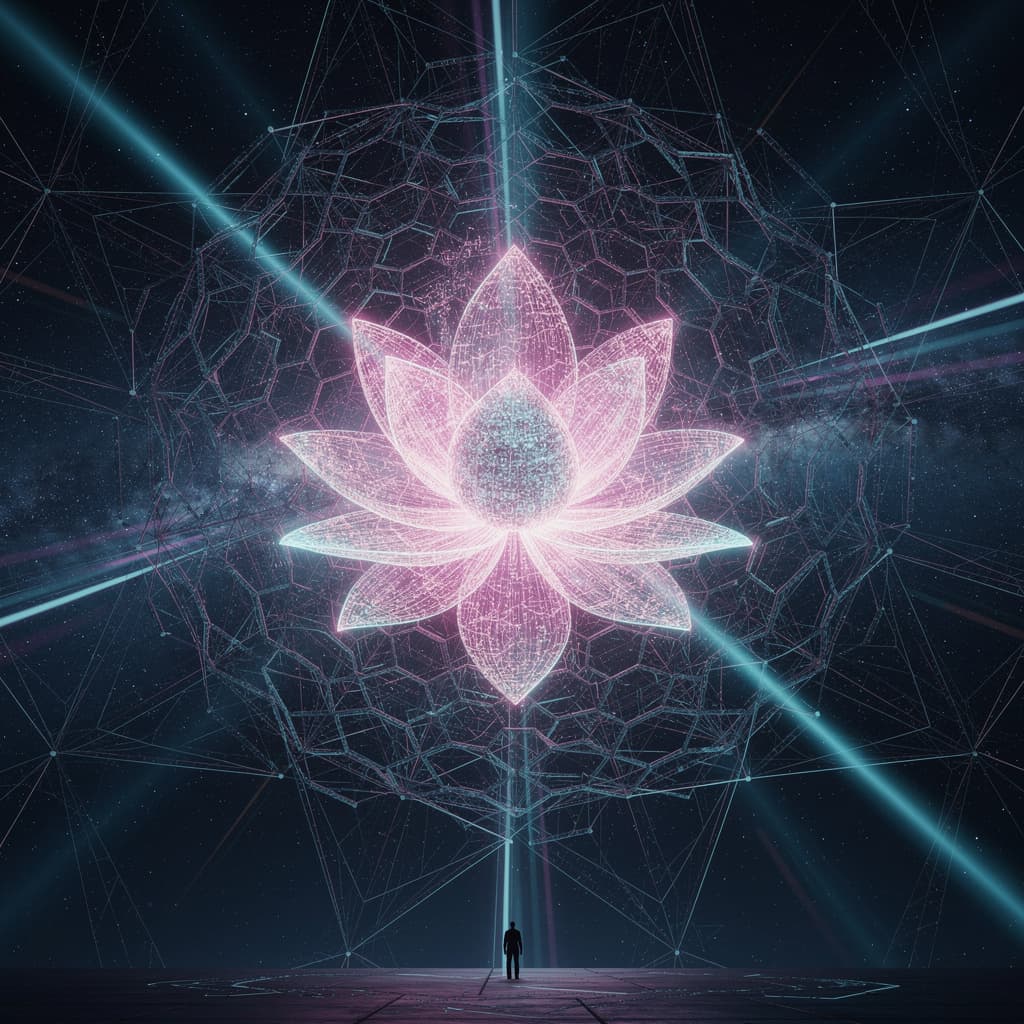 AI generated: massive glowing network node structure in space, interconnected light 
lines forming geometric web, ...