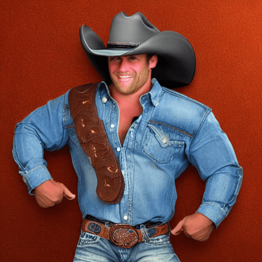 AI generated: Hyper realistic bodybuilder cowboy with brown curly shoulder length mullet wearing jeans with a big ...
