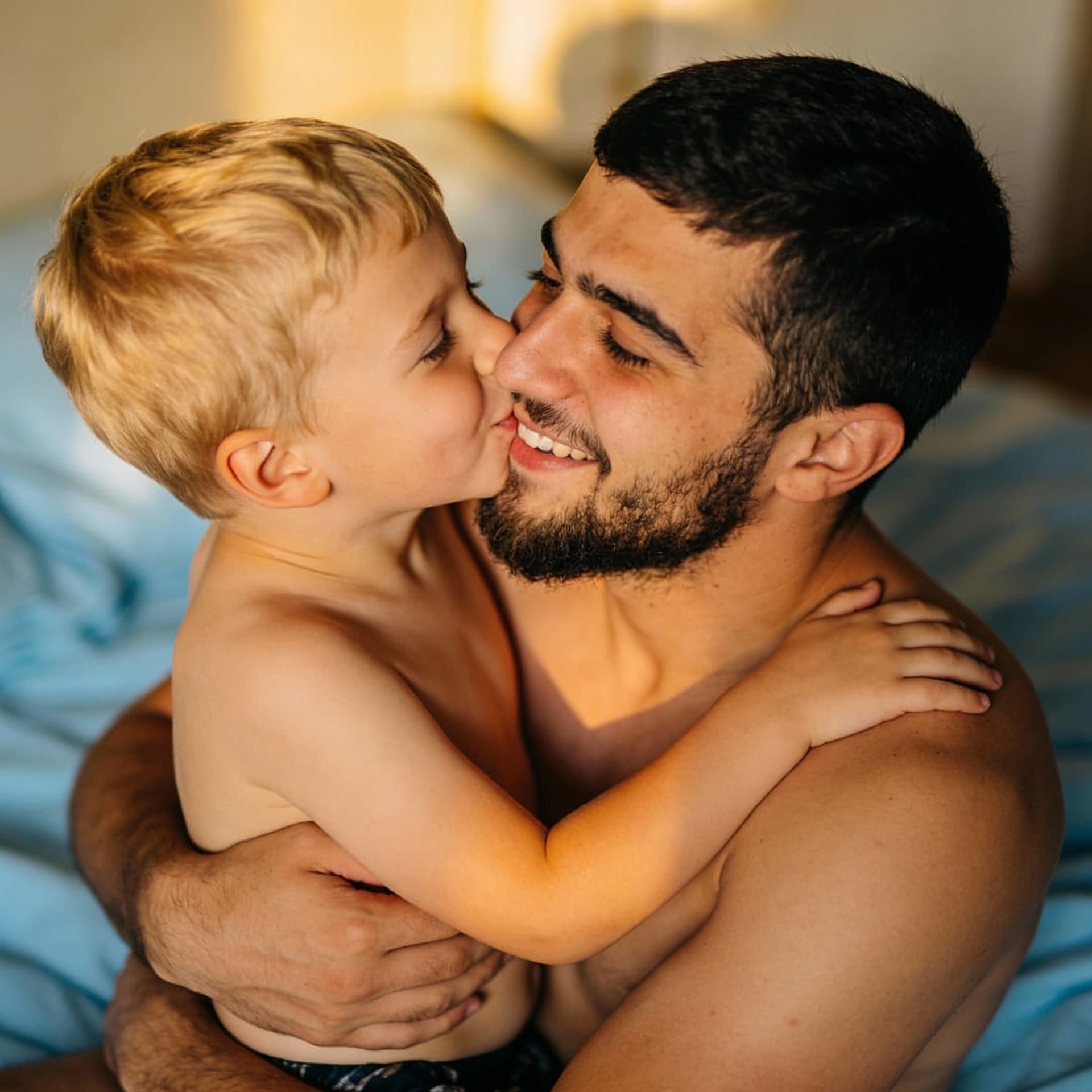 AI generated: Fait un très jeune garçon blanc blond qui embrasse sur la bouche un jeune tchétchène de 20 ans barbu...