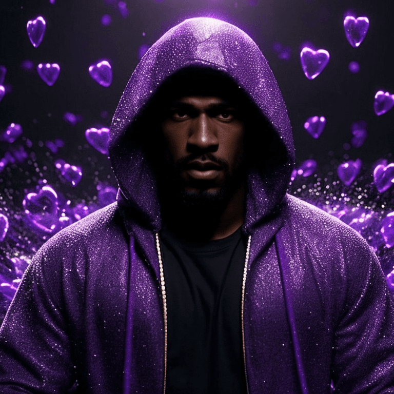 AI generated: professional 3d model in style of trap music video grainy closeup still of glowing bokeh, focus on h...