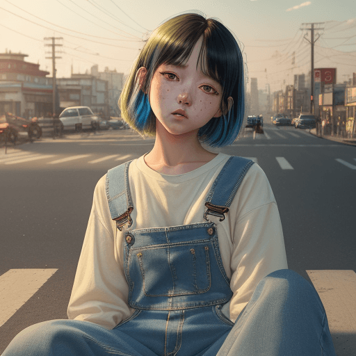 AI generated: human K-pop girl dressed with denim overalls, sitting on a cloud background, freckles on faces, , in...