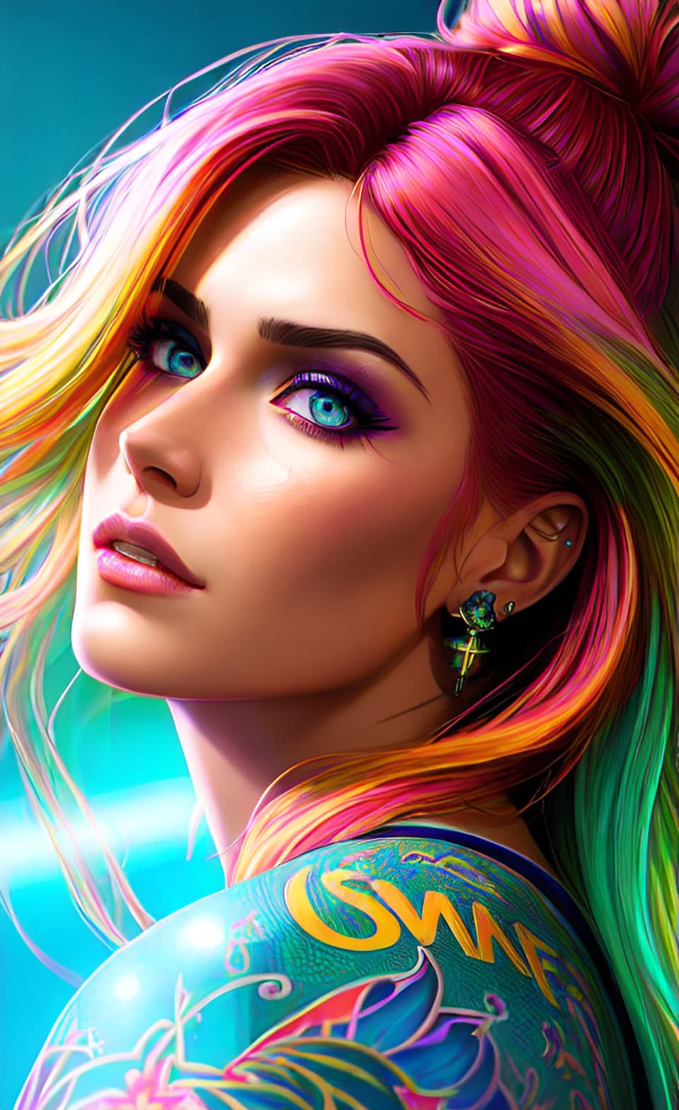 AI generated: Portrait of a beautiful WHITE cyberpunk athletic female, vivid colorful tattoos, pink green fluro ha...