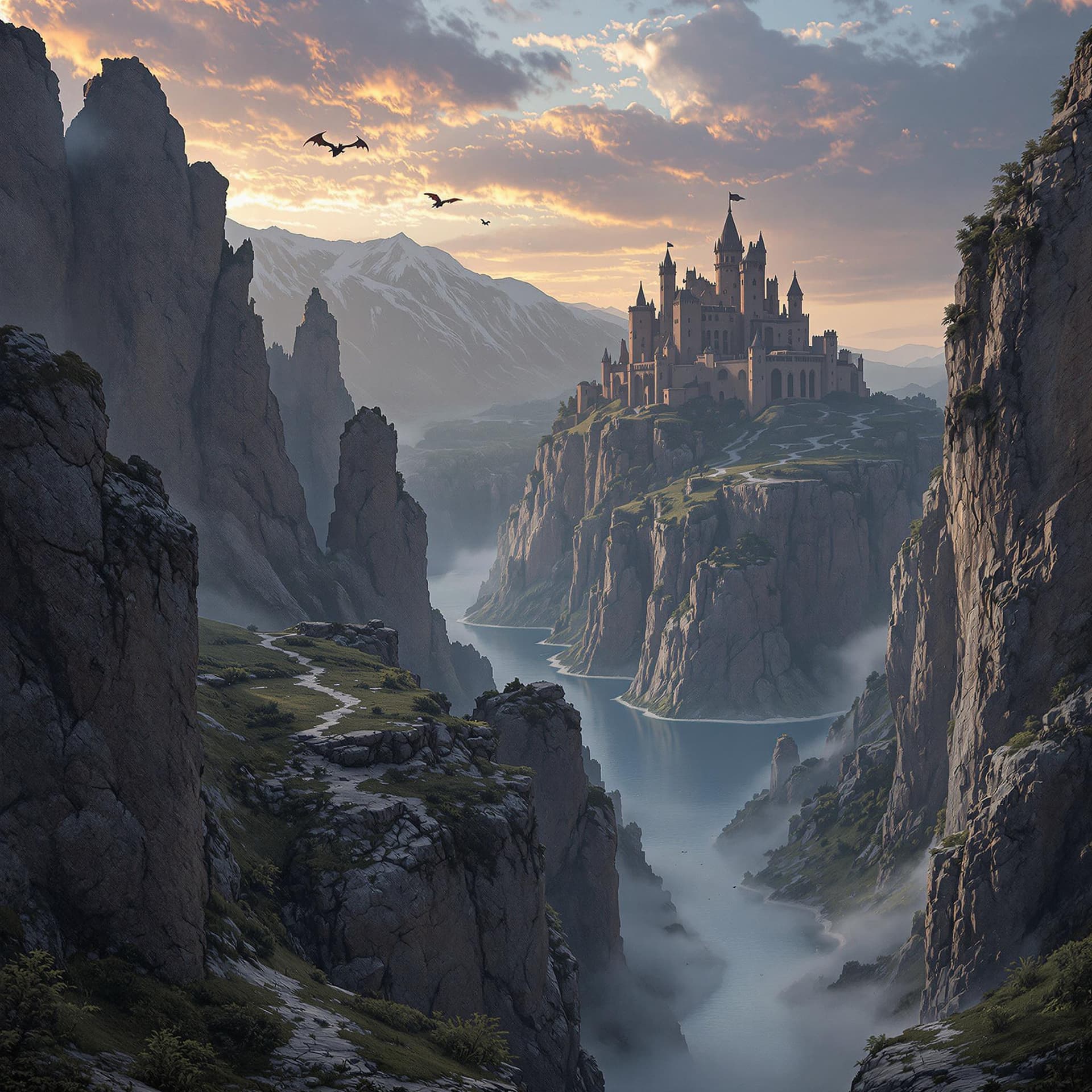 AI generated: A majestic mountain canyon stretches between towering, ancient rock cliffs. In the background, a lak...