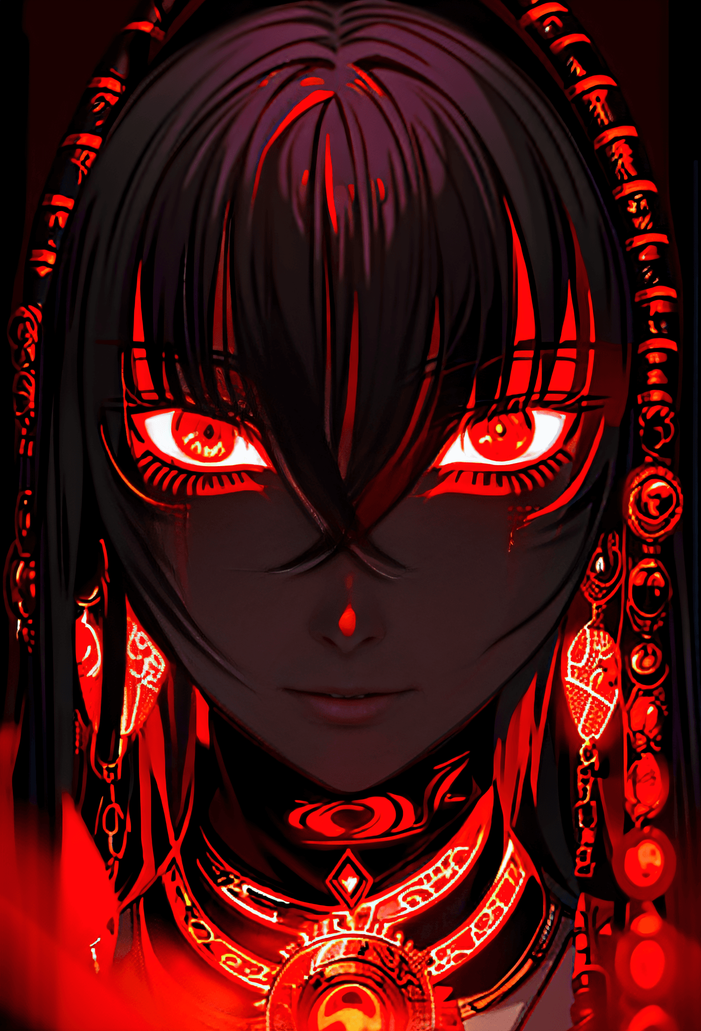 AI generated: a close up of a woman with long hair and red eyes, with glowing red eyes, with red glowing eyes, red...