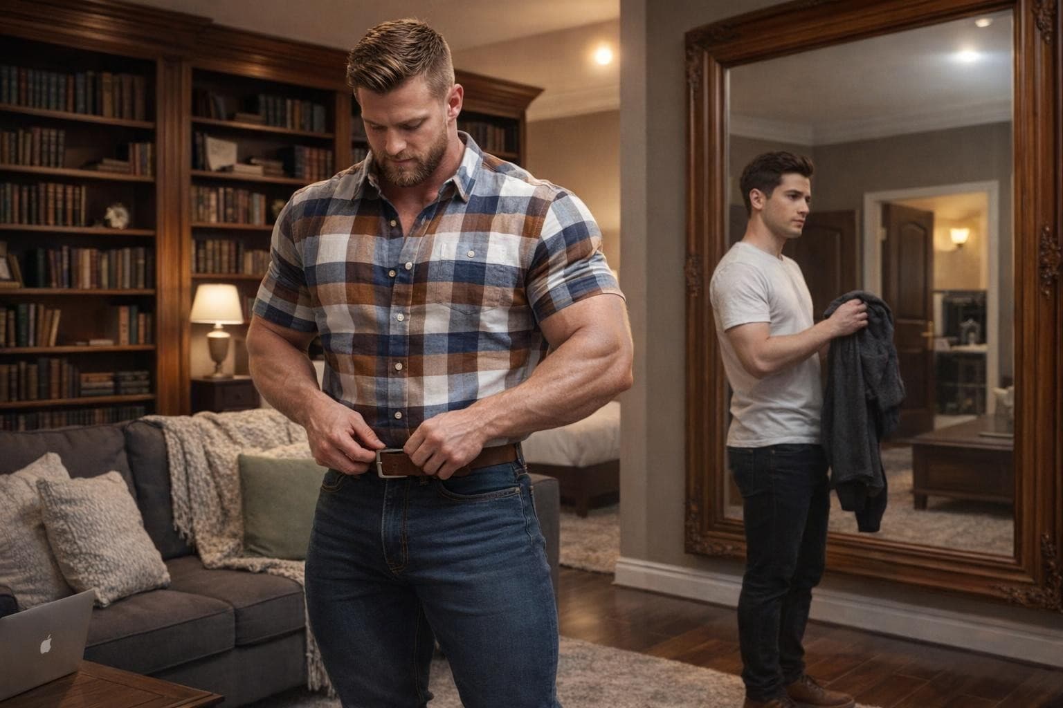 AI generated: The scene is in the bedroom around the couch.

The bodybuilder is getting dressed. The bodybuilder i...