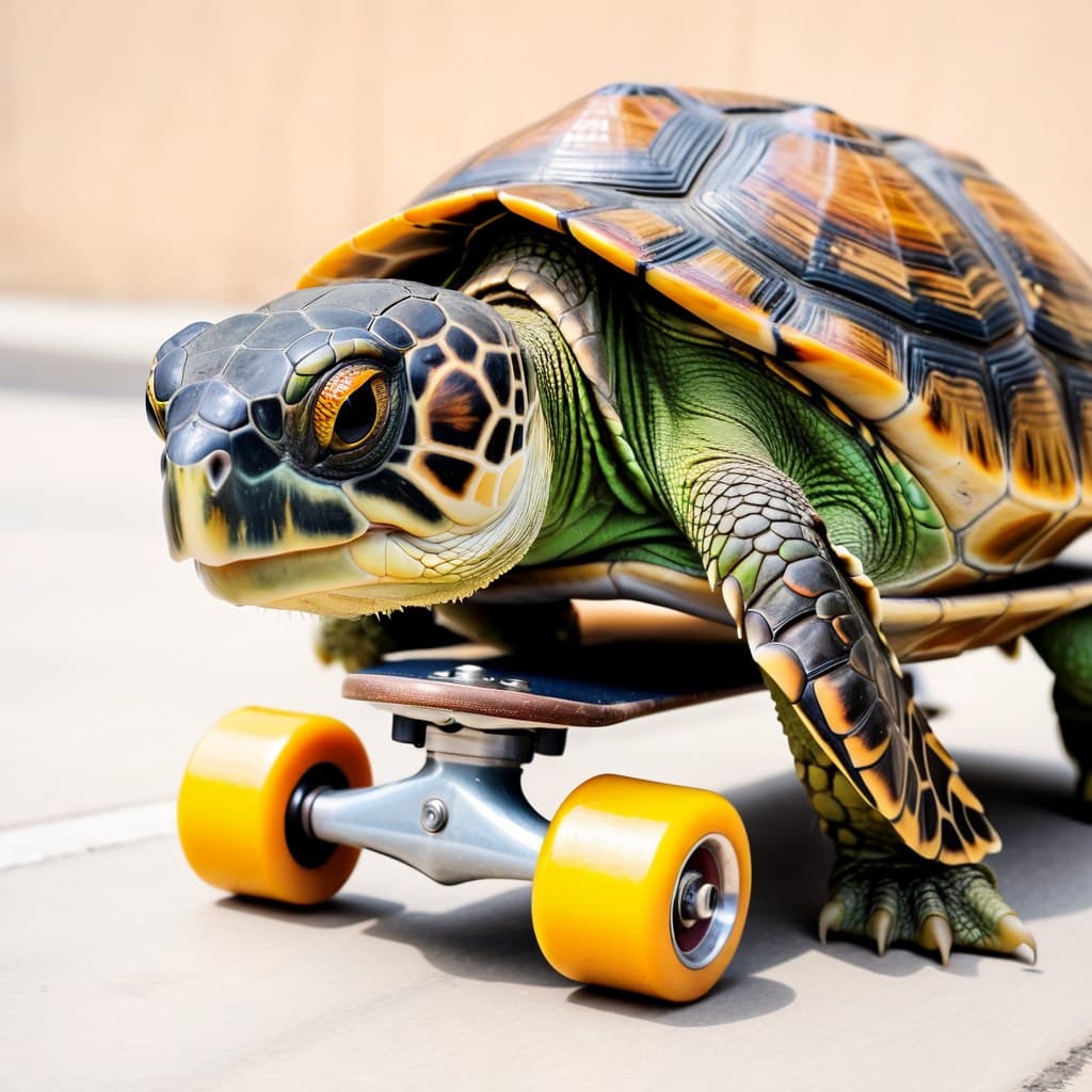 AI generated: Turtle on a skateboard, (Masterpiece:1.3), (best quality:1.3), <lora:add_detail:0.4> <lora:epi_noise...