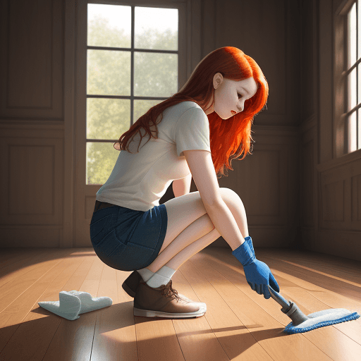 AI generated: < redhead girl, full body, on knees cleaning floor natural lighting, 4k, photography, photorealistic...
