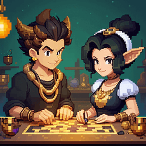 AI generated: man and woman black haired working in big magic jewelry workshop, style of owlboy pixel art