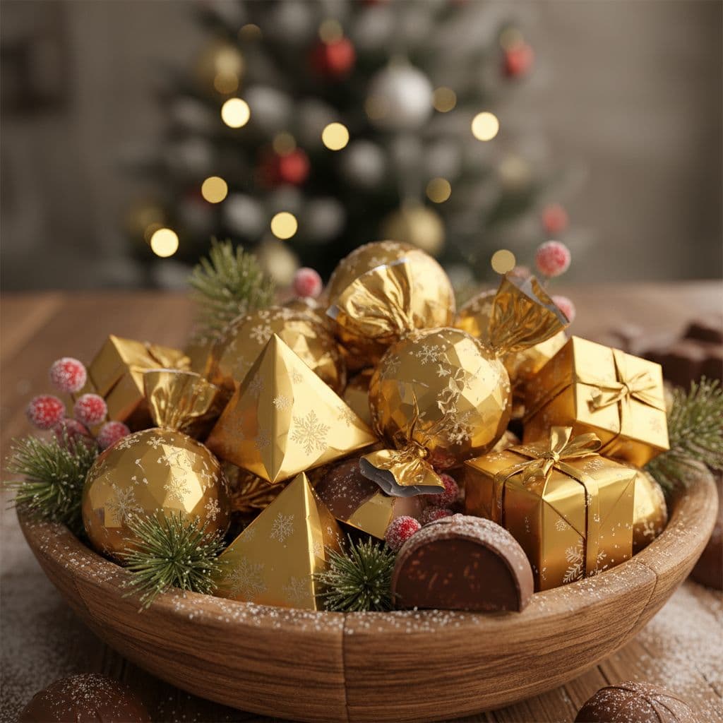 AI generated: 3D close-up of Christmas chocolates with beveled golden wrappers.