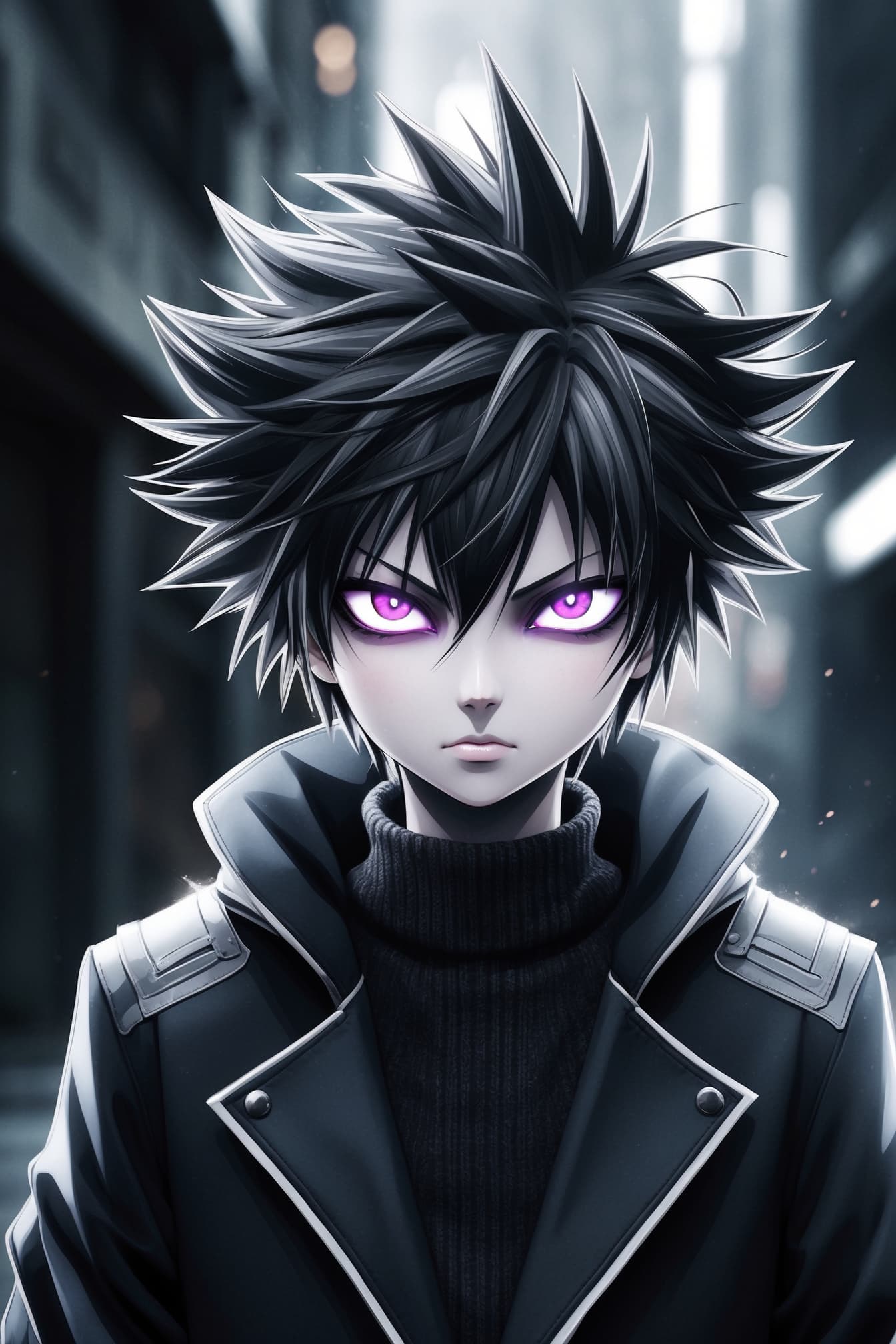 AI generated: Digital illustration in an anime style, featuring a young female character with spiky, tousled hair ...