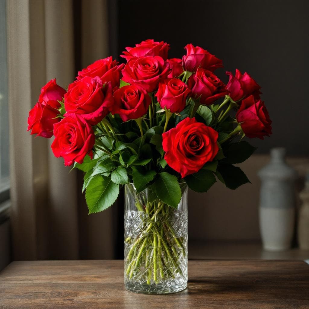 AI generated: crystal vase full of red roses