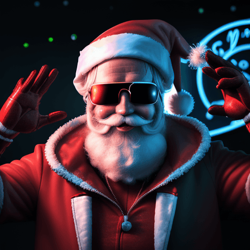 AI generated: DJ terminator, Santa Claus with (Christmas hat) at a nightclub, party with Santa, DJ Santa, neon lig...