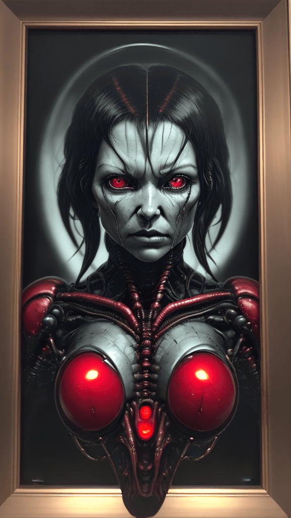 AI generated: ultra HD "complex-inducing ((Alien:2.1)) RFKTR-style headshot framed transparent ruby red in the sty...