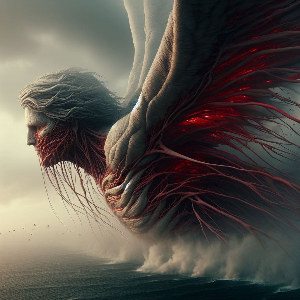 AI generated: A close-up of a giant angel flying over the ocean in a photorealistic environment, blending the styl...