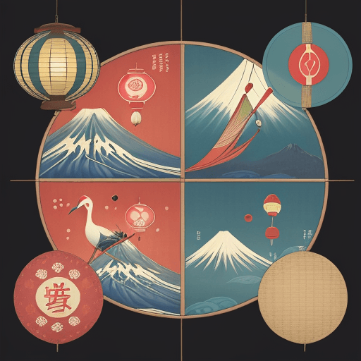 AI generated: Create a pattern with stylized depictions of Mount Fuji, a uchiwa fan, a crane, and a lantern, all d...