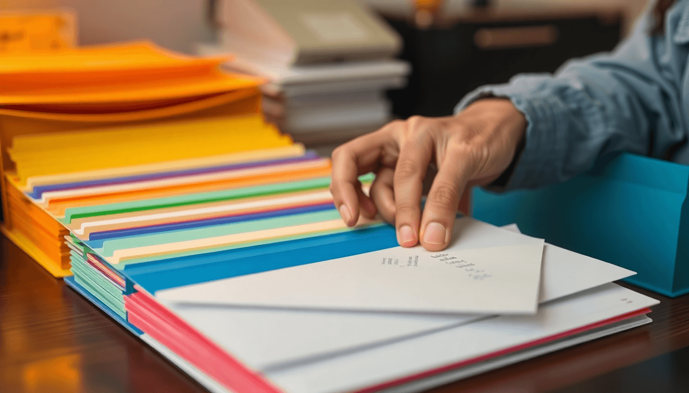 AI generated: Close-up photo, neatly organized color-coded mail folders on a desk, Martinique, senior's hand placi...