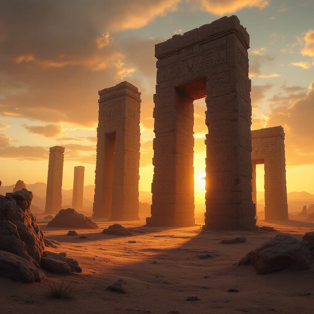 AI generated: 19.	towering ancient monoliths with alien glyphs, desert sunrise background --v 7 --style sci-fi exp...