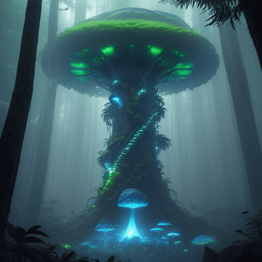 AI generated: A vertical view of an alien jungle, where massive glowing trees with blue and green bio-luminescent ...