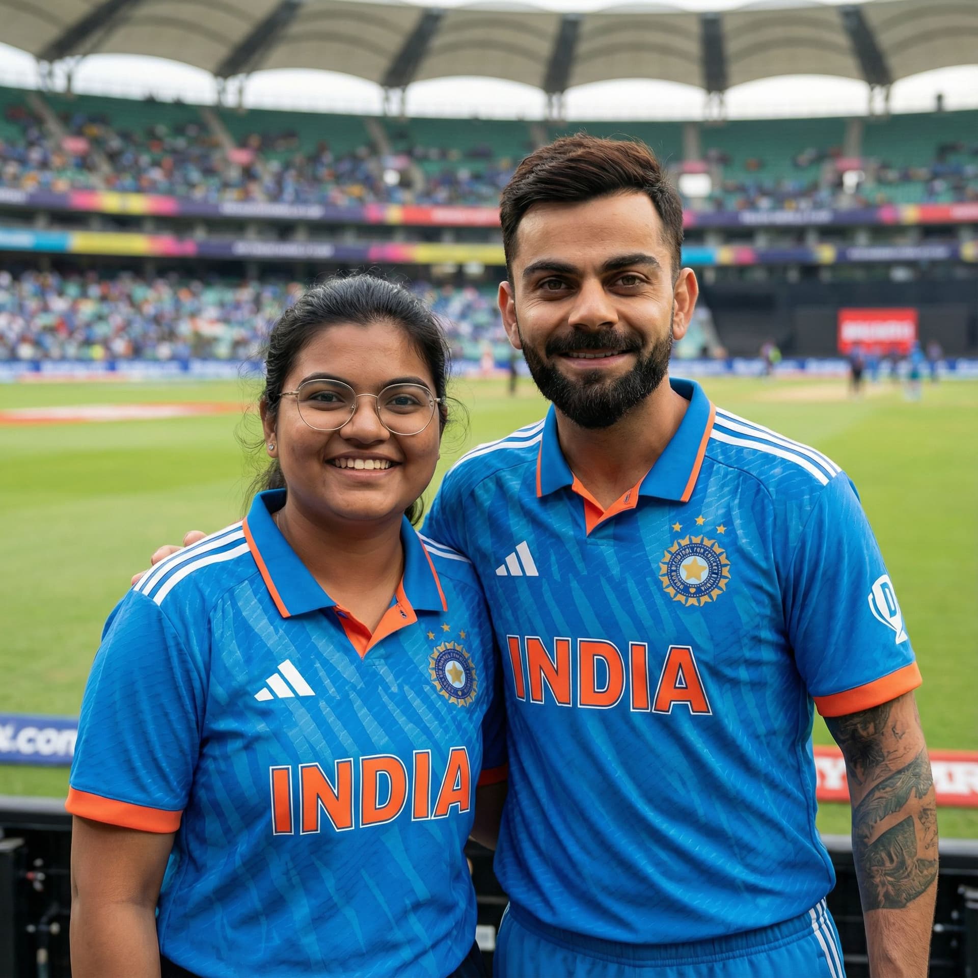AI generated: A realistic high-quality photo of me standing beside a famous Indian cricketer resembling Virat Kohl...