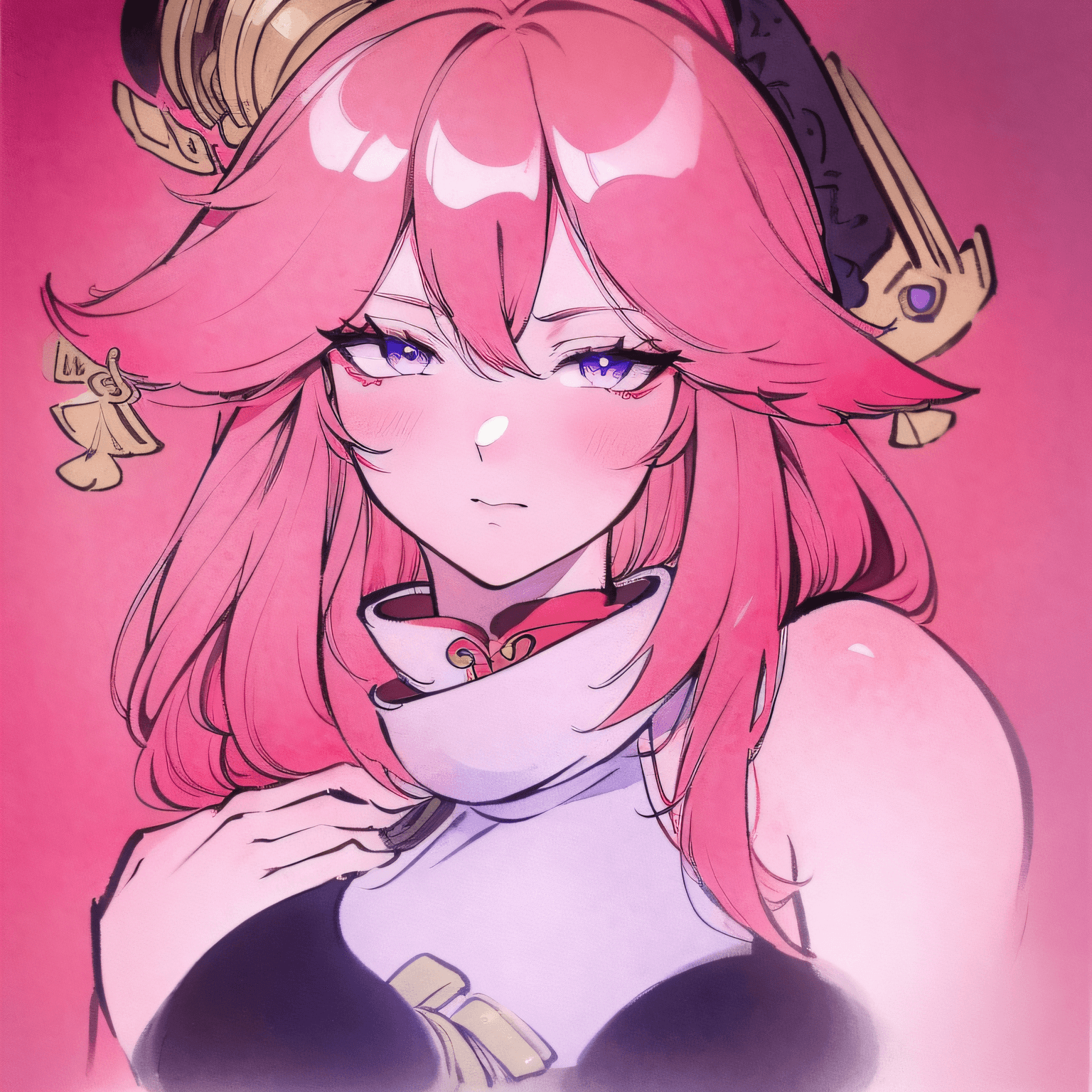 AI generated: (masterpiece, best quality: 1.2), traditional Chinese ink painting, yae miko, pink hair, purple eyes...