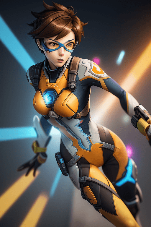 AI generated: action packed, Photography, (Tracer from Overwatch:1.2), full-length, realistic, (cheerful, energeti...