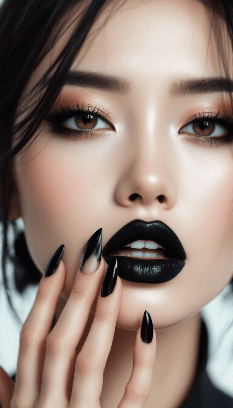 AI generated: a photo of an asian model wearing strong black make up, covering her lips with long pointy nails, wh...