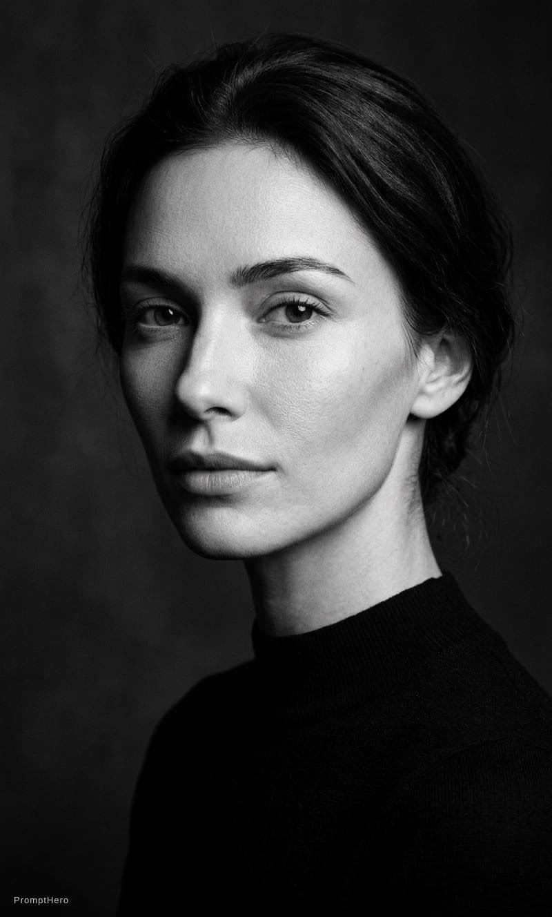 AI generated: Black and white minimalist fine art portrait of a woman, close-up composition, soft dramatic studio ...