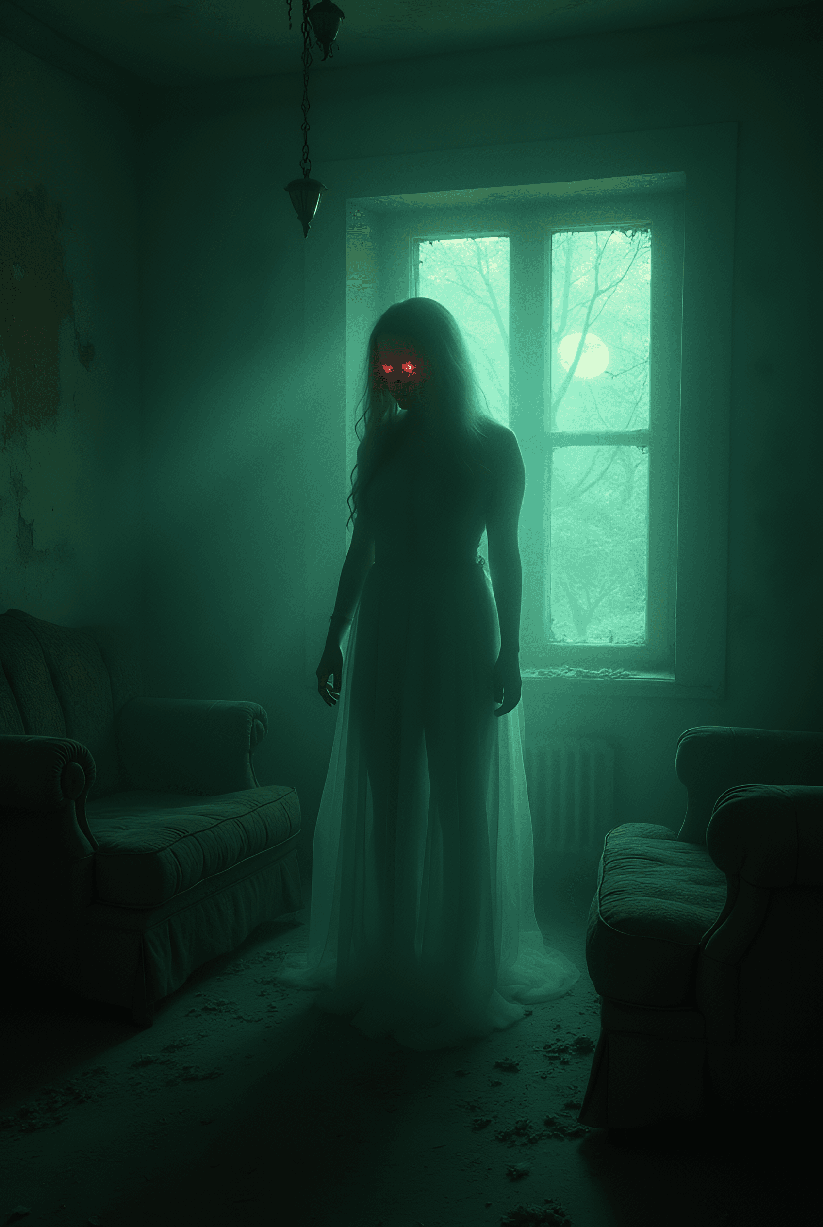 AI generated: Here’s the eerie image of the ghostly female spirit in the cursed house, surrounded by decayed walls...