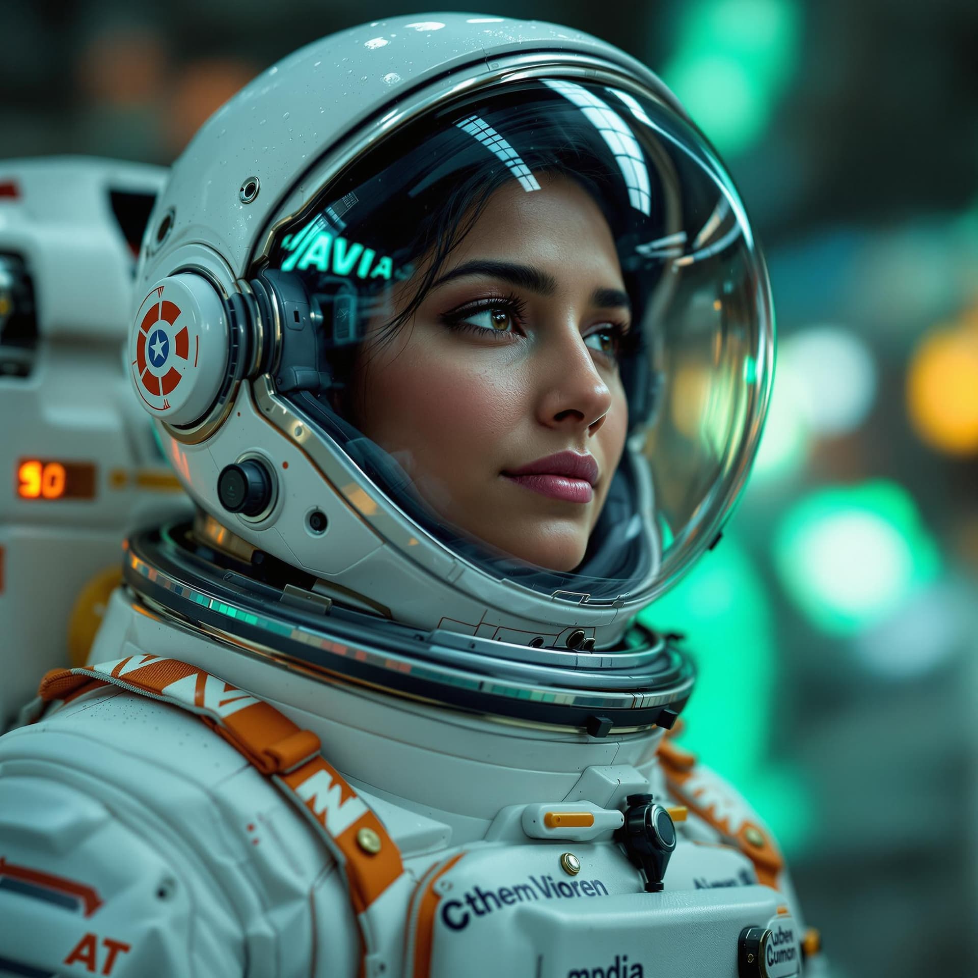 AI generated: The image prominently features a close-up of an Indian lady dressed in a detailed astronaut suit wit...