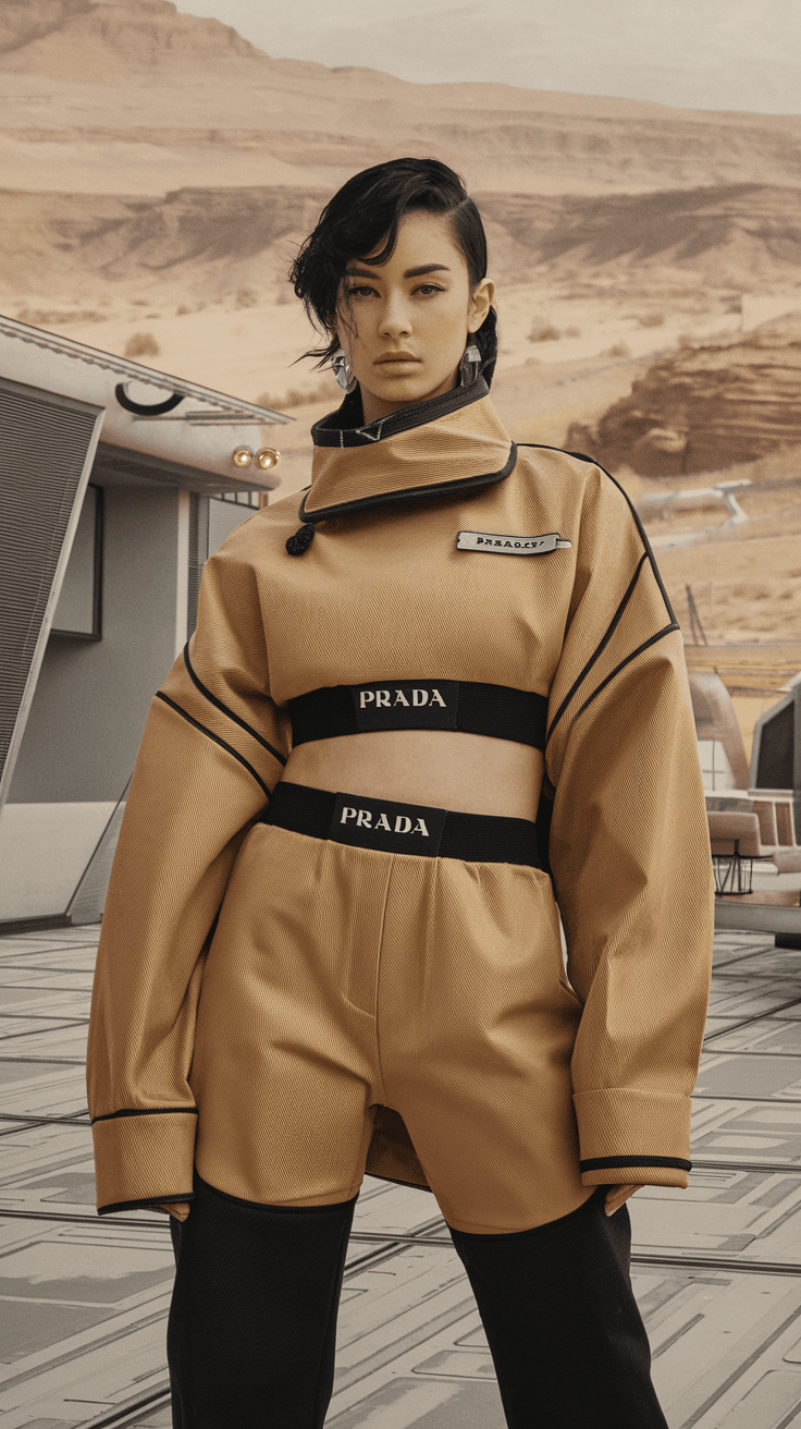 AI generated: background is Modern desert city, less 30 year old model, wear prada style cloth, black modern hair,