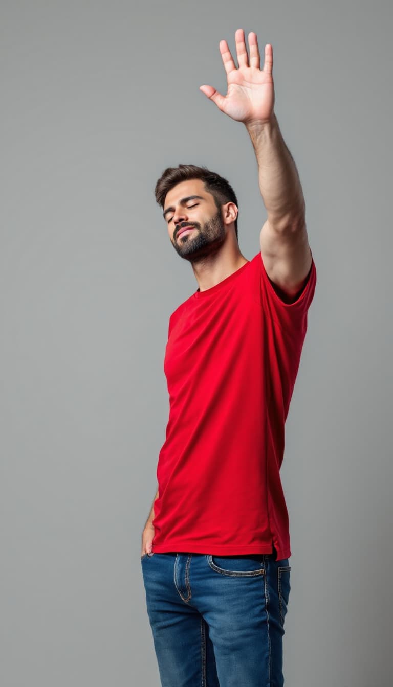 AI generated: photograph of a handsome caucasian man, standing with one arm up in the air, waving his hand to the ...