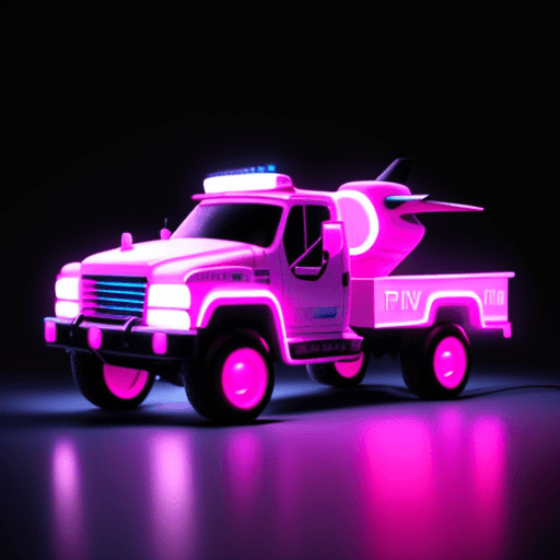 AI generated: hiperealistic truck pink neon lights futurist and flying vehicle