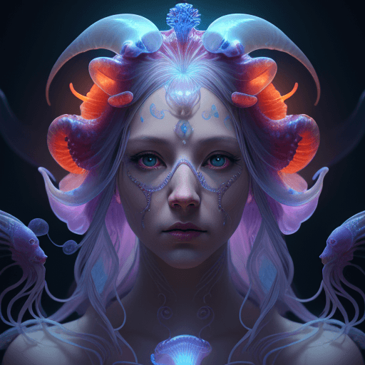 AI generated: Goddess close-up portrait ribcagel. jellyfish phoenix head, nautilus, orchid, skull, betta fish, bio...
