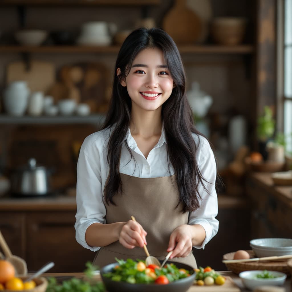 AI generated: Full body photo of Risa, a Japanese girl, wearing a apron, Make a Smiling brightly face, face to the...