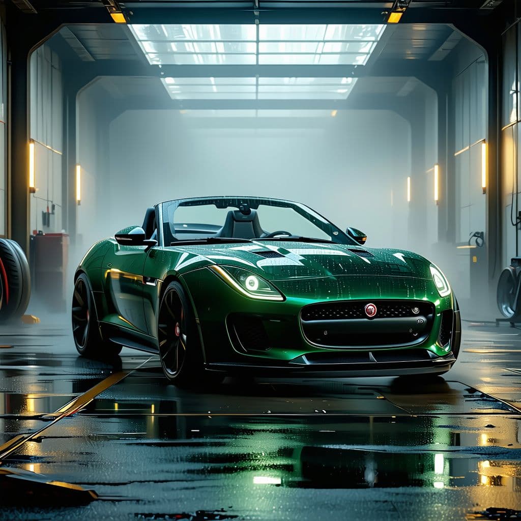 AI generated: General outline of a latest model dark British racing green convertible jaguar 
ftype  in steampunk ...