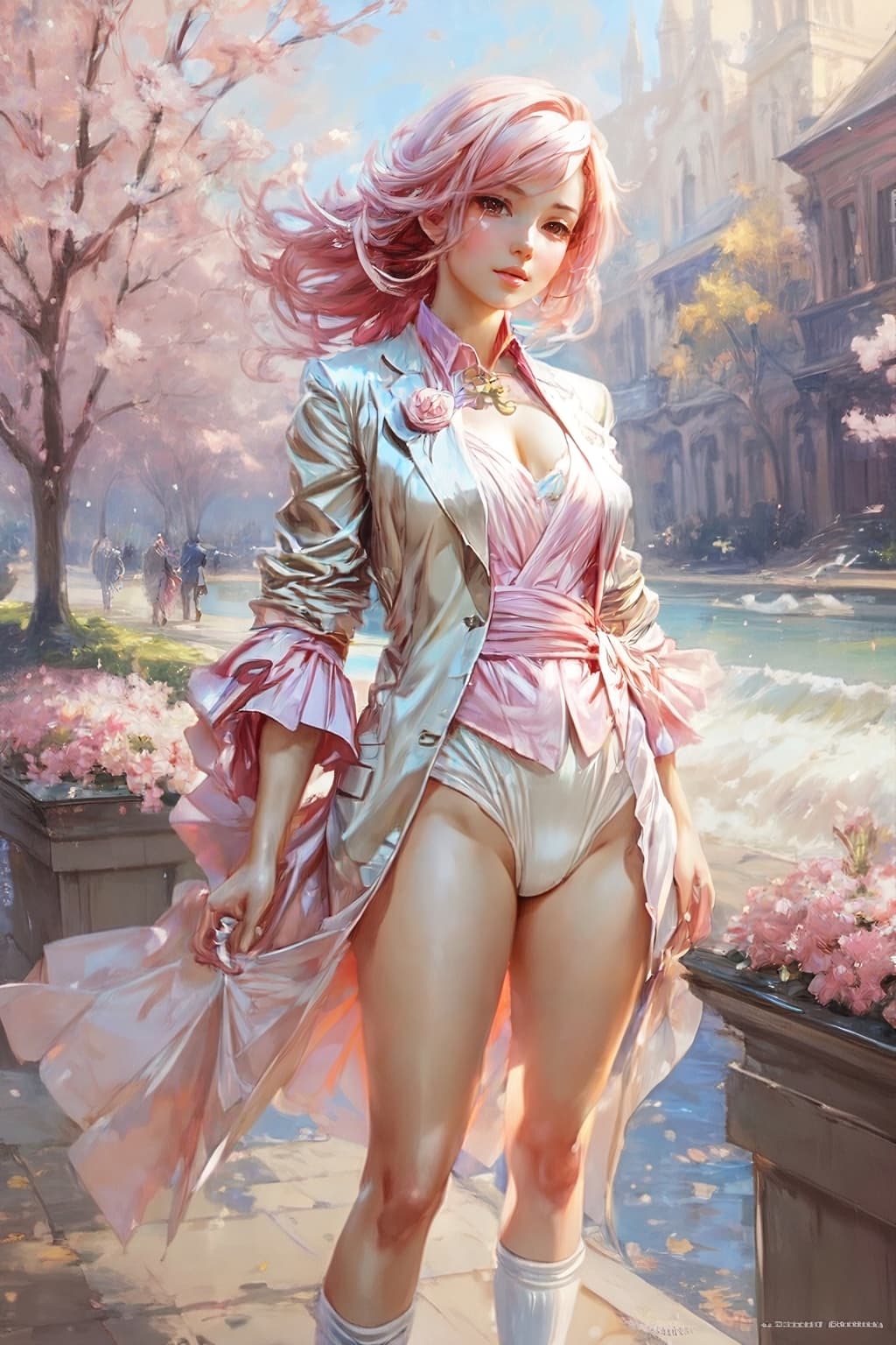 AI generated: beatiful anime girl in classic suit with pink hair [by Michael & Inessa Garmash, Ruan Jia, Pino Daen...