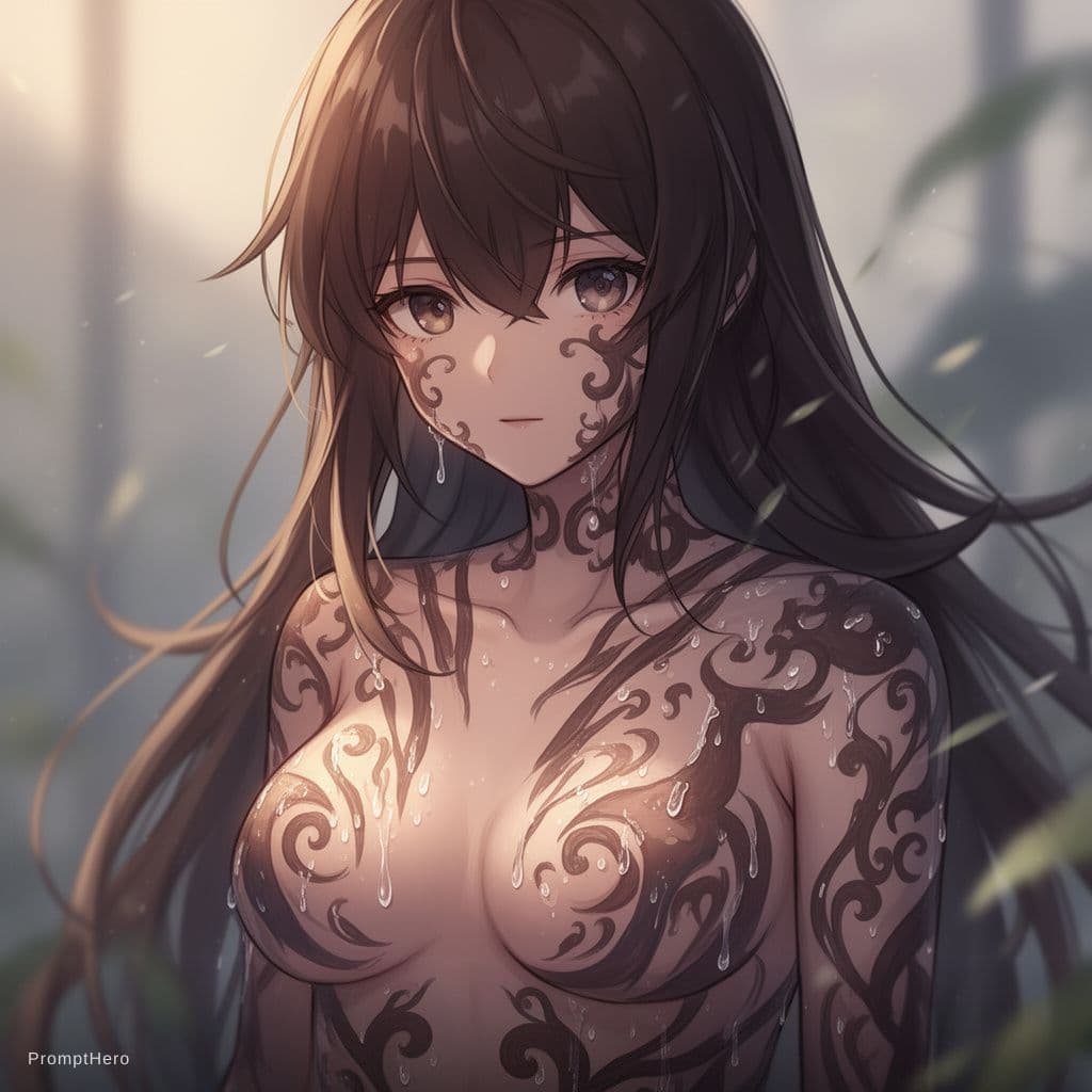 AI generated: 20 year old topless anime brunette with cum all over her breasts and face 