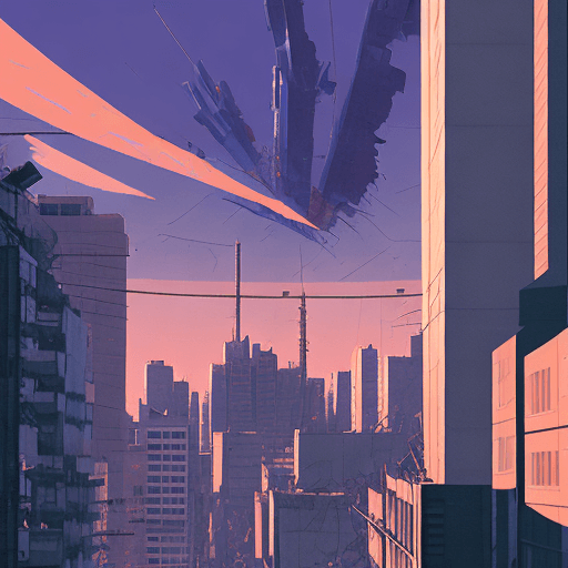 AI generated: Evangelion unit 01 pallete , zoom shot, telephoto lens, low aperture street level, buildings collaps...